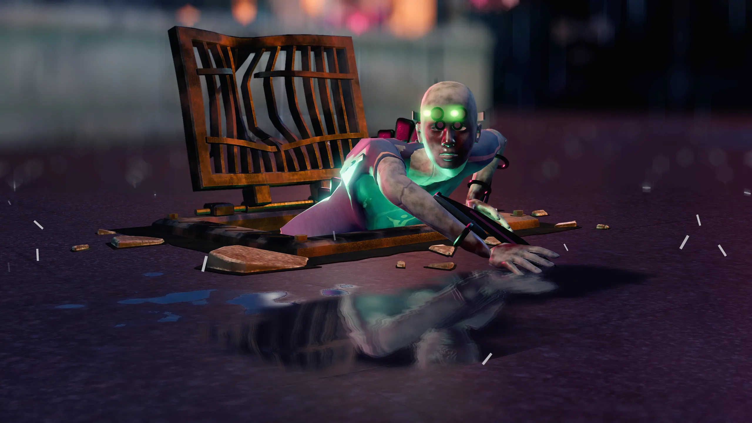 A Stalker coming out of a vent, green eyes