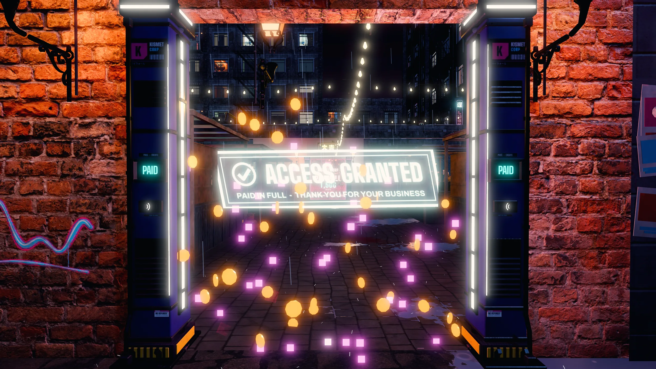 A Kismet Corp paywall hologram blocking a doorway