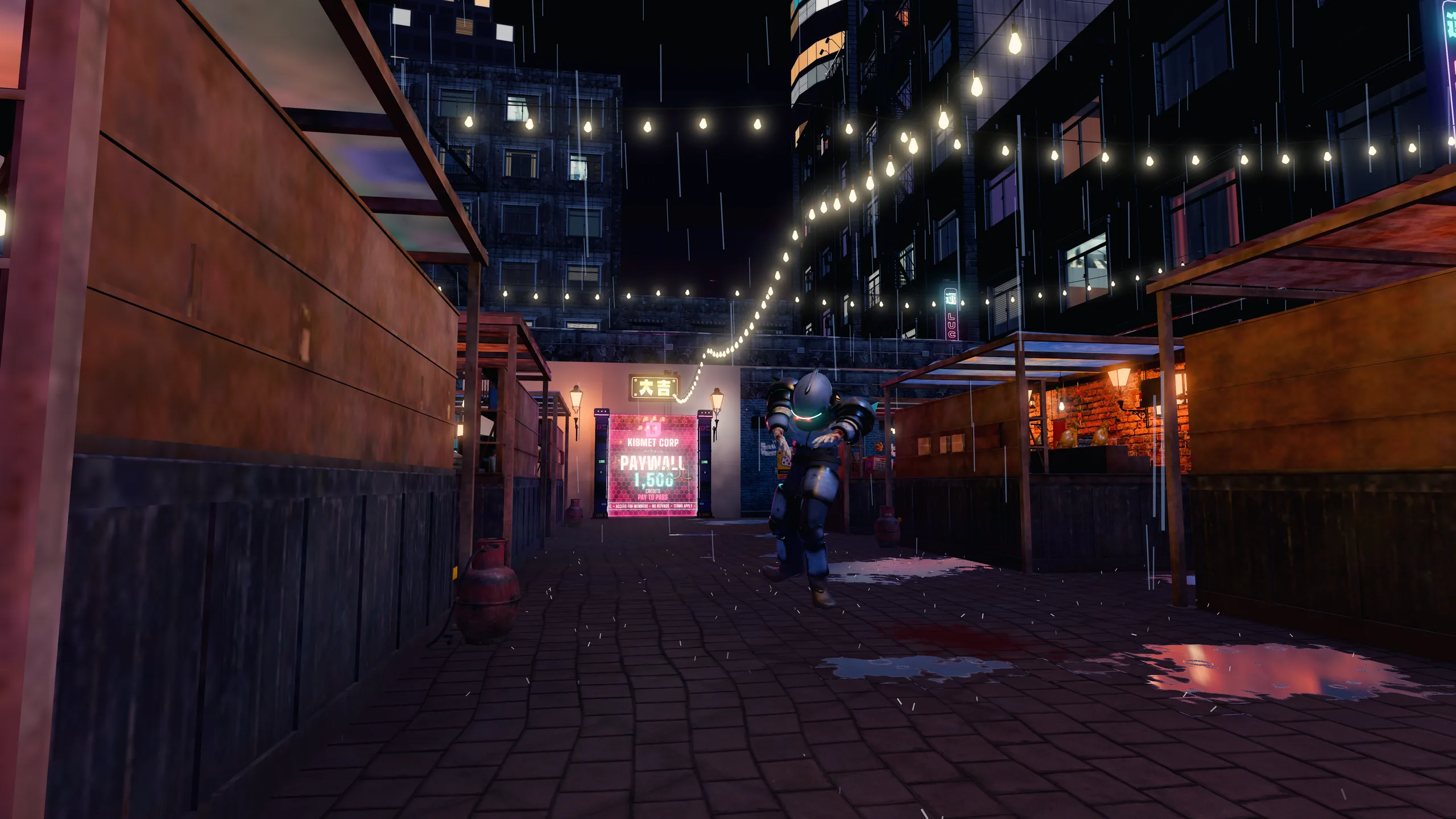 The Market, stalls under string lights